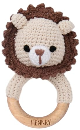 NGTSFLY Personalisierte Geschenke Baby - Personalisierter Beißring Baby aus Holz - Greifling Personalisiert Babyrassel mit Name, Geschenk zur Geburt Junge und Mädchen (Der Löwe hat eine Nase)