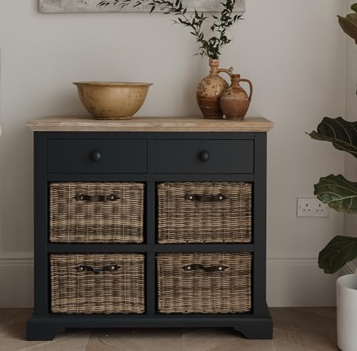 Florence Navy Blue Sideboard, 2 Drawers, 4 Removable Storage Baskets, Acacia Wood Top | 42D x 96W x 85H cm | Fully Assembled Dining Living Room Furniture (navy blue)