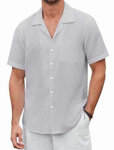 Enlision Mens Short Sleeve Shirts Casual Linen Summer Beach Button Down Shirt for Men with Pocket Light Grey 2XL