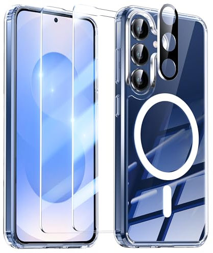 YisrLery 5-in-1 Kompatibel mit Samsung Galaxy S25 5G Hülle für Mag Safe mit 2 Stück Schutzfolie und 1 Stück Kameraschutz Militärnorm Schutz Stoßfest TPU Bumper Magnetische Hülle - Klar