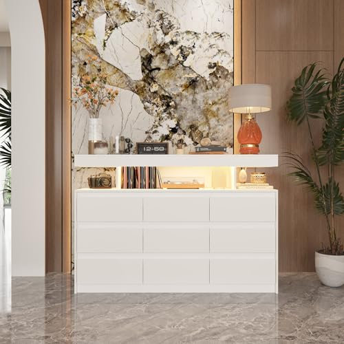 PREMTURE Sideboard，Kommode mit 9 Schubladen，Kommode mit 3 farbigen Lichtleisten，Anrichte, Multifunktionaler Aufbewahrungsschrank, Wohnzimmer, Schlafzimmer, Flur, 120 x 82 x 40 cm，MDF，weiß, Modern