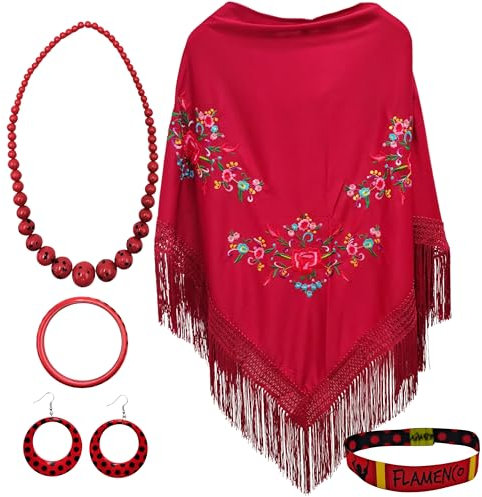 Planta Color Schal mit Blumenstickerei mit gepunkteten Perlen (Halskette, Armband und Ohrringe) und Stoffarmband mit Design für Flamingo-Liebhaber (Bordeaux 3 Blumen)