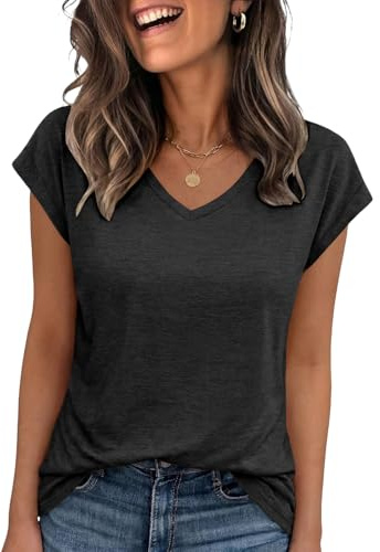Cuptacc T Shirts for Women Summer V Neck Cap Sleeve Tops Business Outfit | Short Sleeves, Loose‑Fit, Lightweight & Breathable Fabric, Suitable for Everyday Wear, Elegant Casual Design