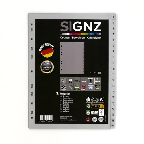 SIGNZ Register DIN A4, 20 - teilig (1-20), 3 Stück, extra starke Trennblätter aus Kunststoff (PP), CO2-neutral hergestellt, made in Germany
