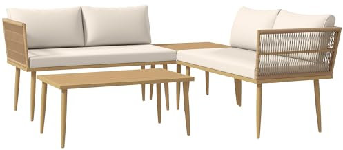 Outsunny 4 Stück Rattan-Gartenmöbel-Set, Outdoor-Wohnzimmer mit 2-Sitzer-Sofa, 2 Holz-Kunststoff-Kaffeetische und waschbare Kissen, Stahlrahmen, Anti-UV, Natur und Creme