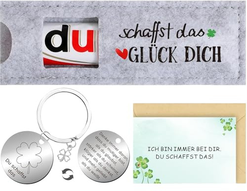 Yi'antai Du schaffst das Geschenk, Schokolade Geschenke, mit Du schaffst das Glücksbringer Grußkarten, Viel Glück Schlüsselanhänger, Glücksbringer Prüfung Geschenke für Abitur Bachelor Master Doktor