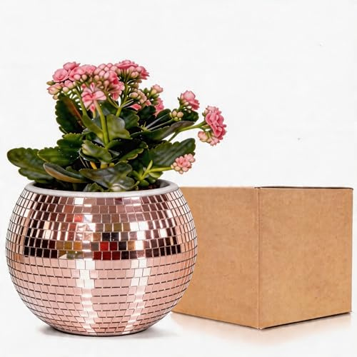 BAOBYAO Pot de Fleurs Boule de Disco Rose Dorée, Vase Boule de Disco, Pot de Plantes, Pot de Fleurs, Support de Plantes à Miroir, Pot de Fleurs Auto-Arrosant en Plastique pour Petite Plante, Décor de