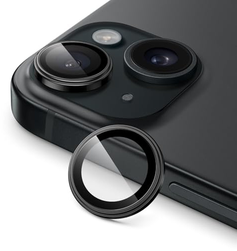 JETech Kameraschutz Schutzfolie für iPhone 15/15 Plus, Schwarz, 1 Set | 9H Gehärtetes Glas Schutzfolie, 1:1 Passform, Metallring-Abdeckung, HD Klar