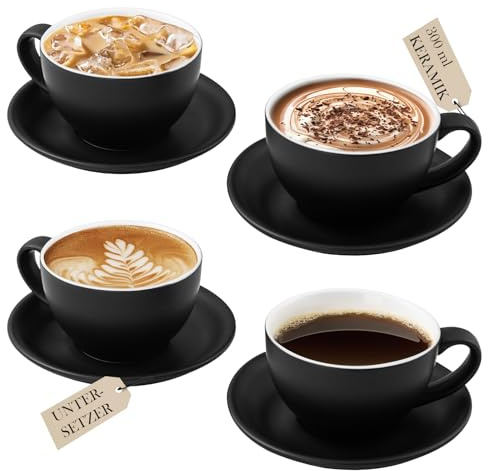 Yundu Matte Black Cappuccino Cups Set 4 x 300 ml. Ceramic Latte Mugs with Saucers, Elegant Espresso Cups for Coffee & Tea