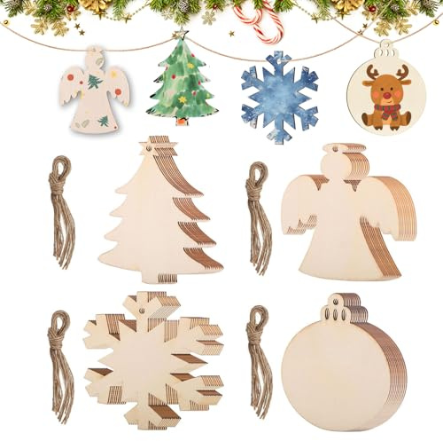 40PCS Wooden Christmas Tree Decorations, DIY Baubles for Xmas Crafts Gifts | 4 Shapes Wood Slices Crafts with Holes and Strings, Baubles and Embellishments for Christmas Tree Ornaments