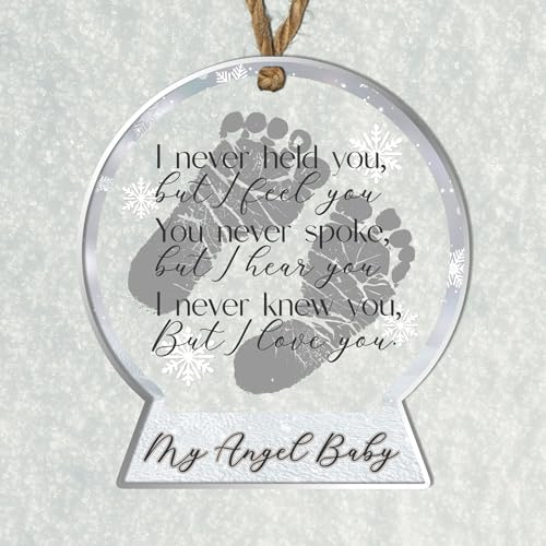 Personalised Angel Baby Memorial Hanging Decoration - Babies Footprint Snowglobe Shape Bauble - Miscarriage Baby Loss Keepsake for Grieving Parents & Family (Grey)