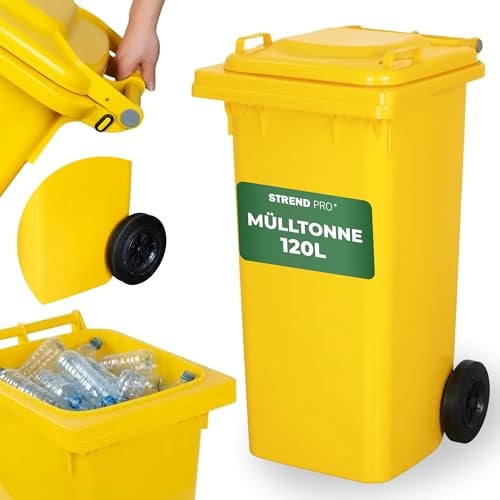 STREND PRO Mülltonne 120L Gelb | Gelbe Tonne für Plastik & Verpackungen | Mülleimer mit Deckel & Rädern | Robuster Dustbin & Oskartonne | Eimer mit deckel