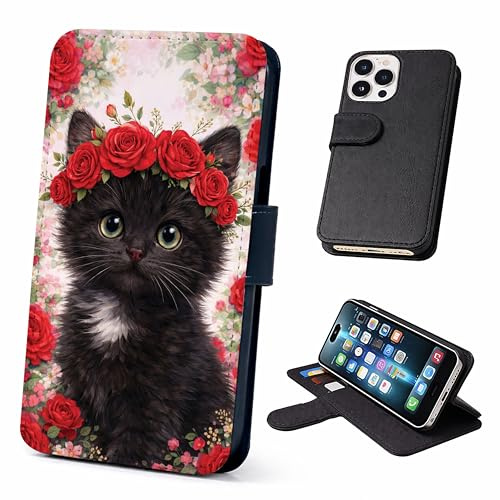 Black Kitten Wallet Phone Case Flip Cover Compatible with iPhone SE 7 8 X XR 11 12 13 14 15 16 17 Plus Mini Pro Max – Cute Cat Design, Faux Leather Cats Animal Case Red Roses Flowers