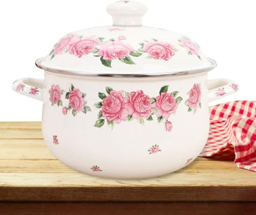 Luxshiny Olla Esmaltada Rosa de 20 Cm, 2,3 L, Doble Asa, Fondo Plano, Olla Multifuncional para Estofados y Sopa, Menaje de Cocina Hogar, Práctica y Resistente para Cocina Diaria