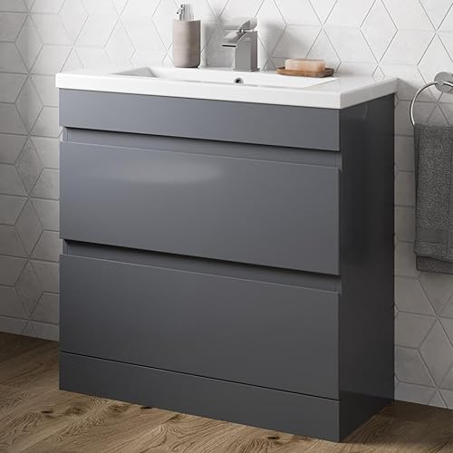 Artis 800mm Bathroom Vanity Unit Basin Storage 2 Drawer Cabinet Furniture Grey Gloss