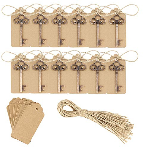 100pcs Wedding Key Bottle Opener Vintage Skeleton Key Bottle Openers with Escort Card Tag and Twine for Event Party Supply 6.8cm