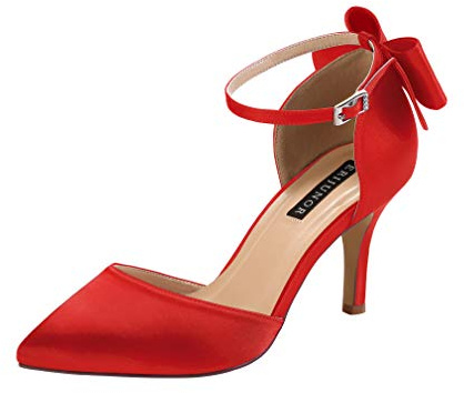 ERIJUNOR Wedding Evening Party Shoes Comfortable Mid Heels Pumps with Bow Knot Ankle Strap Wide Width Satin Shoes, Red, 10.5