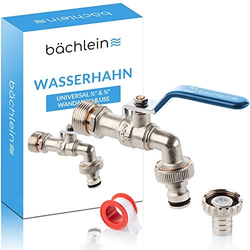 Bächlein Grifo Universal para el Jardín, Azul, Incluye 2 conexiones de Manguera, Válvula de Bola con Conexión de 1/2 y 3/4 de Pulgada, Grifo de Salida Exterior
