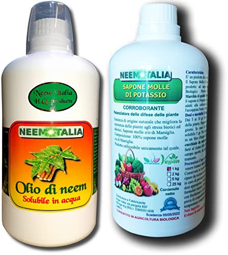 Argan Italia Olio di neem solubile per Piante 1lt + Sapone Molle di potassio corroborante per Insetti 1kg con dosatore