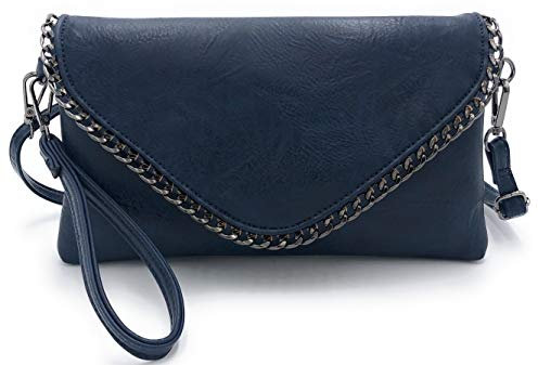ELIOX - Pochette Donna Elegante con Catena e Tracolla in Morbida Pelle Sintetica - Borsa Clutch Piccola da Sera Borsetta Ragazza Borse Eleganti Cerimonia Matrimonio (Blu)