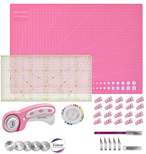 Rdutuok 45mm Rotary Cutter Set Quilting Kit, 5 Replacement Blades, A3 Cutting Mat(28X42cm), Acrylic Ruler,Sewing Pins,Cushion,Craft Knife Set and Craft Clips - Ideal for Sewing,Crafting Pink