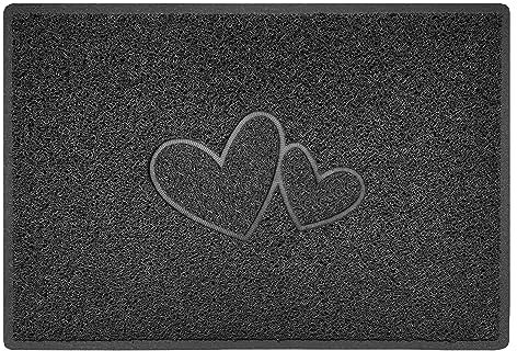 Nicoman Double Heart Embossed Shape Door Mat Dirt Trapper PVC Spaghetti Mat Washable Quick Drying Barrier Doormat-Dark Grey (Watertight Rubber-Back)-Large (90x60cm)