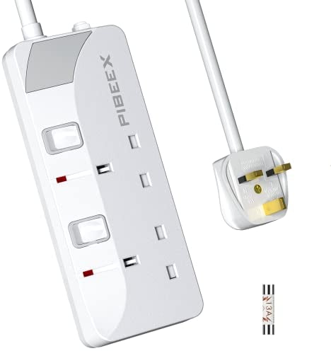 PIBEEX Extension Lead 2 Way Plug Sockets with Individual Switches Wall Mountable Power Strip 1.5M Extension Cable 13A Fused UK Plug 3250W