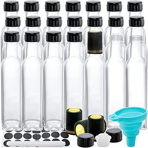 Kingrol Lot de 18 bouteilles Quadra de 250 ml avec bouchon à vis anti-fuite, bouteilles carrées en verre pour huile, vinaigre, sirop, vinaigrette