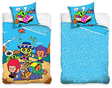 Familando Brawl Stars - Biancheria da letto per bambini, 135 x 200 cm, 80 x 80 cm, in 100% cotone con chiusura lampo, qualità linone, motivo EL Primo blu