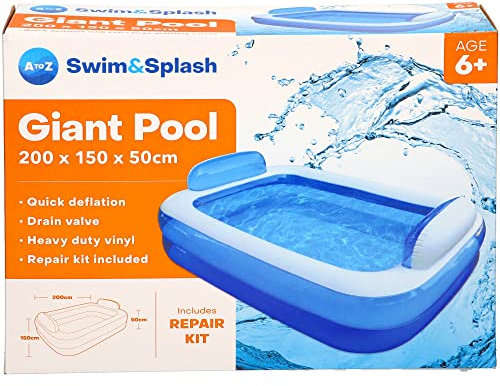 A to Z Swim&Splash Giant Inflatable Pool, 200 x 150 x 50 cm, Heavy Duty Vinyl, with Repair Kit, Blue and White
