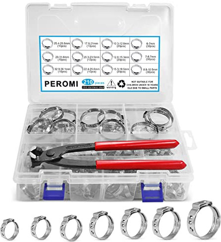 PEROMI 210PCS 304 Stainless Steel Single Ear Hose Clamp Assortment Kit - 12 Sizes (6-36.1mm) Stepless Adjustable Cinch Clamps with Pincer Tool for Automotive, Plumbing, Garden & Industrial Use