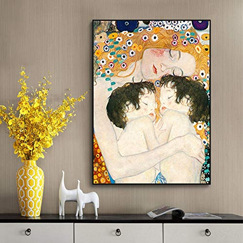 TANYANG Berühmtes Gemälde Mutter Liebe Zwillinge Baby Von Gustav Klimt Leinwand Malerei Poster Und Druck Wandkunst Bild Für Wohnzimmer Dekor 50X70Cm Kein Rahmen