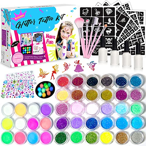 Kit Tatuajes Purpurina Temporales Niños, 42 Colores Brillo (Incluir 12 colores Purpurina Luminous) con 219 Plantillas, 213 Gemas - No Tóxico Tatuaje de Cara y Cuerpo para Fiestas,Cumpleaños, Carnaval