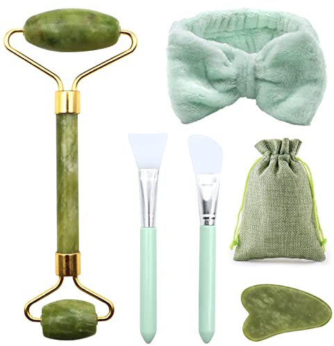 SPOKKI 5 Pezzi Gua Sha Kit, Rullo Di Giada Per Il Viso, Rullo Massaggio Viso, Pietra Di Giada Viso, Guasha Viso Pietra Giada, Massaggiatore Viso Set, Collo Facciale E Rilassamento Muscolare