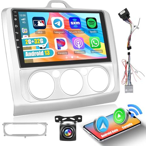 2G 32G Android Radio Coche Carplay Inalámbrica para Ford Focus Exi MT 2 3 Mk2/Mk3 2004-2011 9'' Autoradio con GPS Bluetooth FM RDS WiFi Android Auto Mirror Link EQ Cámara de Respaldo (Plata)