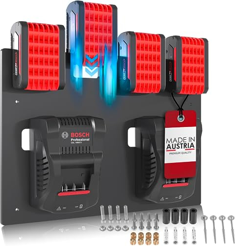 Wandfest® Wandhalterung für Bosch Akkus und Ladegeräte - Das Original | inkl. Befestigungsmaterial [Made IN Austria] Bosch Akku Halterung für 1-4 Akkus | Jetzt mehr Ordnung in Werkstatt und Garage