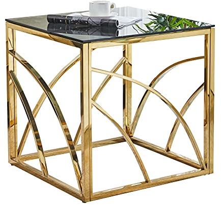 JaHECOME Beistelltische Couchtisch Sofatisch für Wohnzimmer, Schlafzimmer Küche Café und Bar, moderner Kaffeetisch mit Edelstahl Gestell und transparentem Hartglas (golden Grauer Glas)