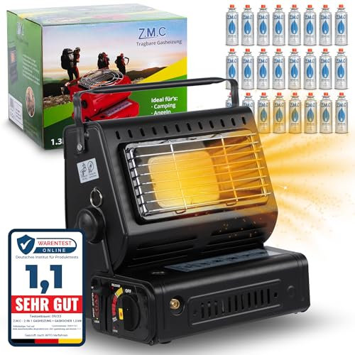 Z.M.C 2-in-1 Tragbare Keramik Gasheizung und Gaskocher 1,3 kW, mit LPG Anschluss + 24 Gaskartuschen, Campingkocher mit Piezozündung, Camping Heizung, Gasheizer für Indoor, Outdoor, Zelten, Camping