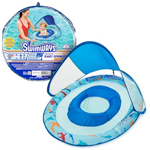 Swimways Flotador de primavera para bebé, flotador de piscina para bebé con toldo y protección UPF, accesorios de piscina para niños de 9 a 24 meses, tiburón