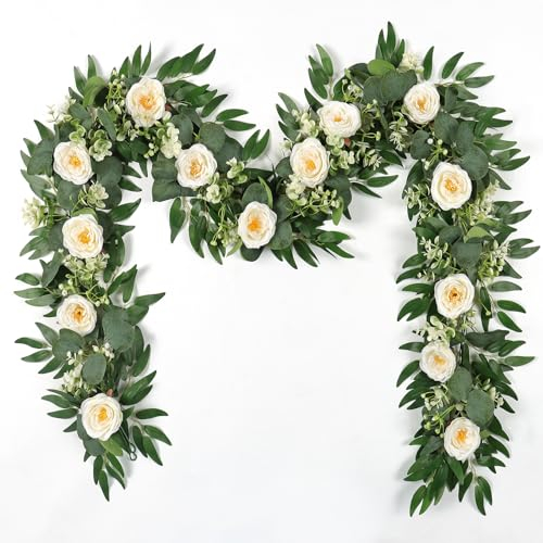 MEIVINES 2 Stück Blumengirlande Kunstblumen Girlande Kunstblumen Girlande Eukalyptus Künstliche Blumengirlande Deko Eukalyptus Girlande Mit Weißen Rosen Für Hochzeit Garten Dekor (Weiß,2 Meter)