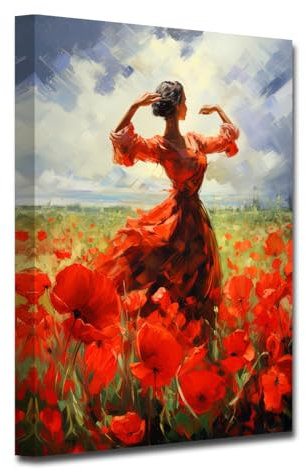 CXHOSTENT Tanzendes Mädchen Leinwandbild abstrakte schwarze Frau Kunstdrucke elegante Tänzerin mit roten Blumen Bilder gerahmt (C, 40.00 x 60.00 cms)