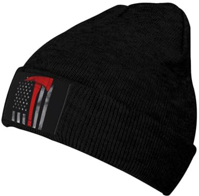 YYHWHJDE Black Warm Knit Hat Firefighter Axe Red Line Flag Pattern Soft Good Elasticity Suitable for Outdoor Sports