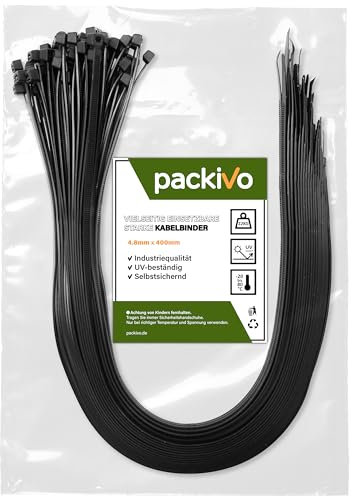 PACKIVO Profi Kabelbinder 4,8 x 400mm schwarz extra starke Kabelbinder Industriequalität UV Beständig Zugfestigkeit 22Kg für Kabelmanagement, DIY, Haus, Wohnen Garten und Werkstatt größe Menge wählbar