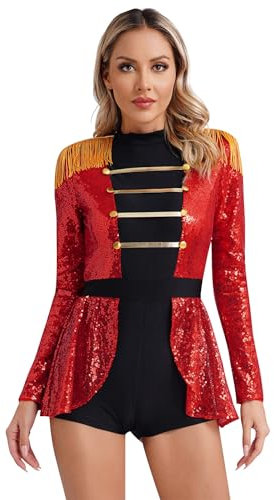 Runhomal Women's Circus Ringmaster Costumes Sequins Bodysuit Lion Trainer Tassel Shoulder Boards Outfits Red S
