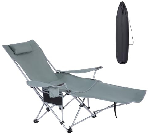 Chaise de camping portable inclinable, chaise pliante d'extérieur avec repose-pieds, appuie-tête et sac de transport, chaise longue pour plage, pêche, jardin, gris