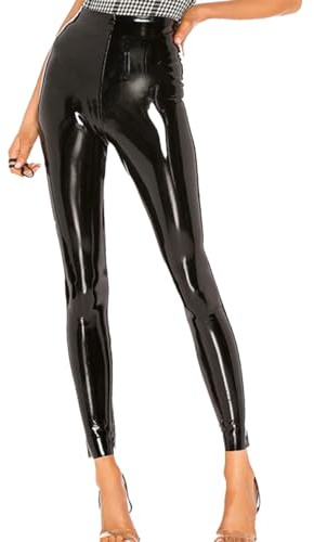Frauen Sexy Hohe Taille PU Leder Stretch Bleistift Hosen Reißverschluss, Figurbetonte Hose Glänzende Latex Lackleder Leggings