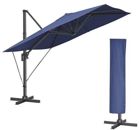 SONGMICS Sonnenschirm 290 x 290 cm, Ampelschirm, Gartenschirm, UV-Schutz UPF 50+, um 360° drehbar, Neigungswinkel verstellbar, mit Ständer, Befestigungsgurten und Abdeckung, dämmerungsblau GPU039R01