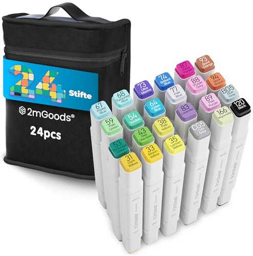 2mGoods 24 farben Filzstifte mit Doppelspitze, Alkoholmarker Set, Twin Marker, Copic Marker für Erwachsene, color pens, schnelltrocknend, geruchsarm, lichtbeständig, ideal für Illustration, Comic