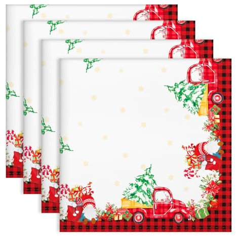 Arquiel Servietten Weihnachten LKW GNOME 4er-Set, Stoffservietten 100% Baumwolle Rot Weiches Hochwertige Wiederverwendbare Esstisch Servietten für Weihnachten Küche Haushalt Party(45×45cm)