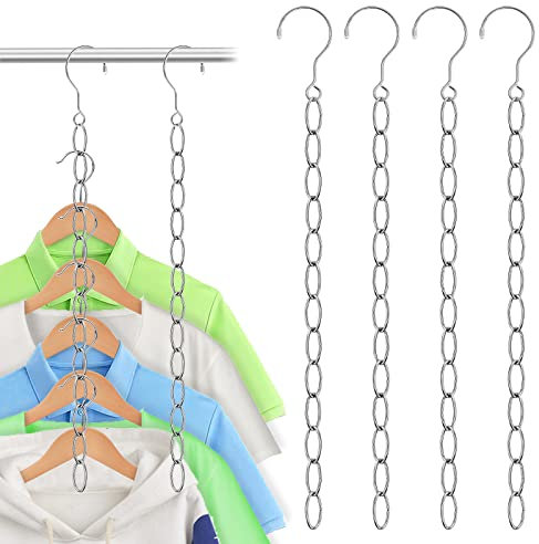 Dokeno 4 Stück Platzsparende Kleiderbügel aus Edelstahl, Kleiderbügelkette Platzsparende Aufbewahrung Blumentopf Hängend Stahl Kette mit S Haken Kleiderbügel Ketten für Schrank Kleiderschrank